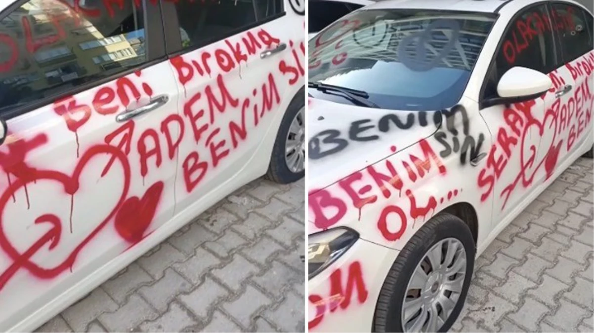 Saplantılı genç lastiklerini patlattığı otomobili adeta aşk mektubuna çevirdi