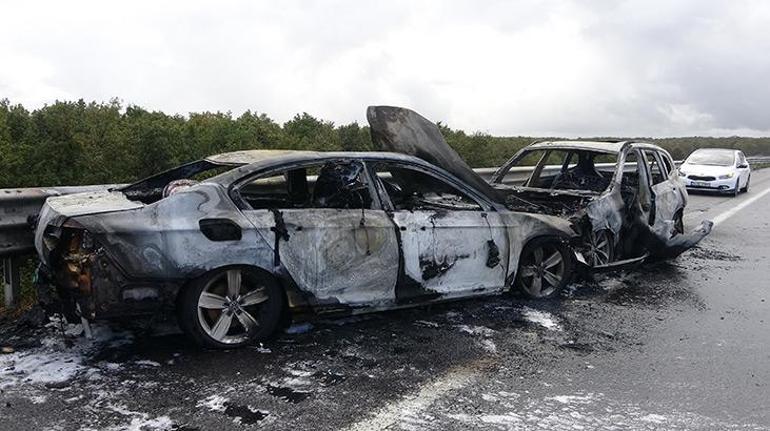 Kuzey Marmara Otoyolu'nda iki araç alev alev yandı! Yaralılar var