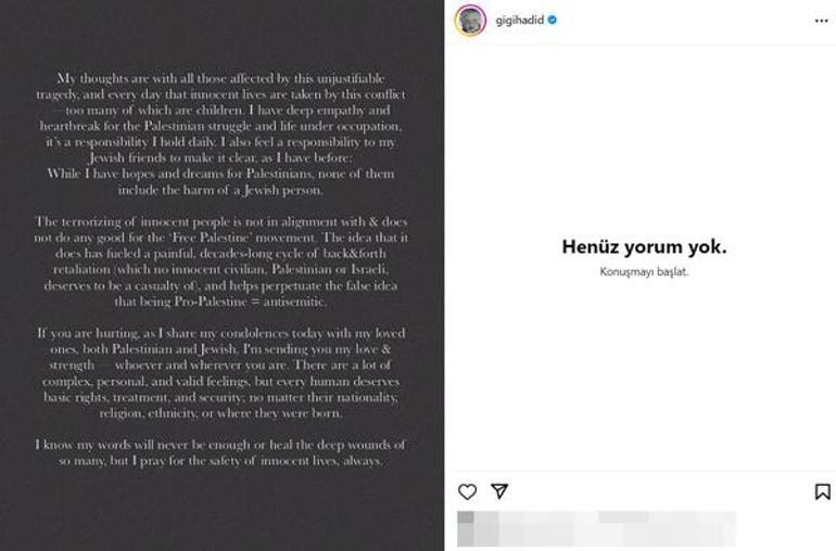 Gigi Hadid'den Filistin mesajı: Sözlerimin asla yeterli olmayacağını biliyorum