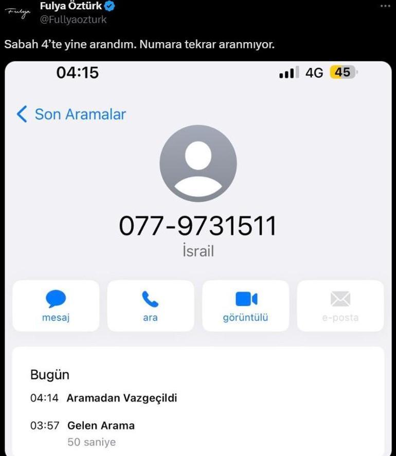 İsrail'de telefonla tehdit edilen Fulya Öztürk'e yeni telefon: Sabah 4'te yine arandım