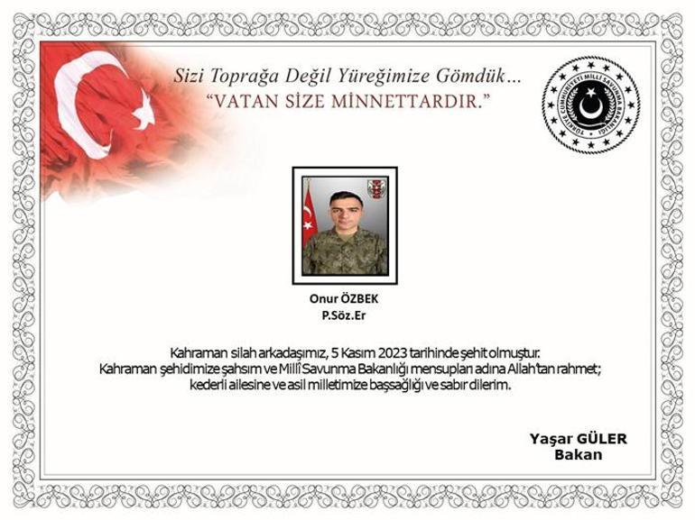 MSB acı haberi duyurdu! Silah kazası sonucu Onur Özbek şehit oldu