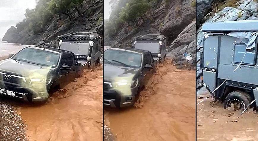 3 kamyonet ve 2 karavanda can pazarı! Sel sularına kapılan 15 tatilci kurtarıldı