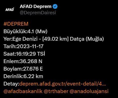 Ege Denizi'nde 4.1 büyüklüğüde deprem