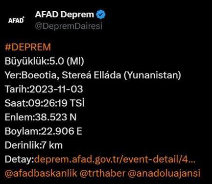 Yunanistan'da 5 büyüklüğünde deprem