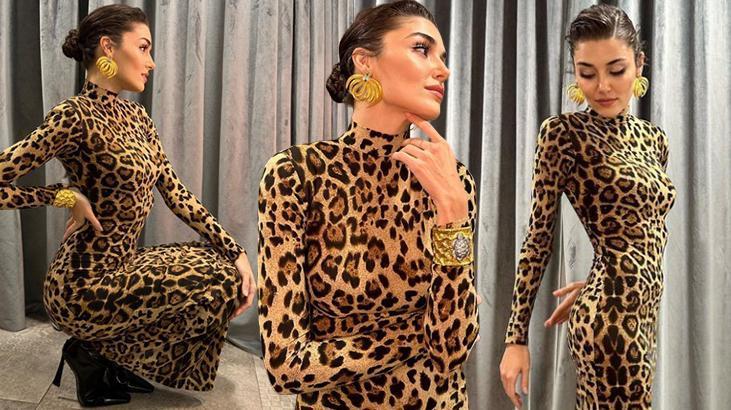 Hande Erçel leopar desenli elbisesiyle kamera karşısına geçti! ‘Yangın yeri buralar hep sayende’