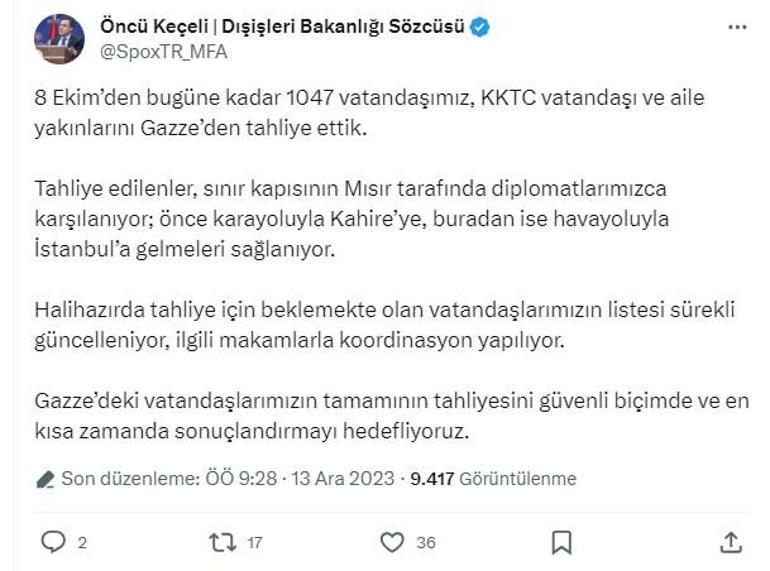 Dışişleri Bakanlığı: Gazze'den 1047 vatandaşımızı tahliye ettik