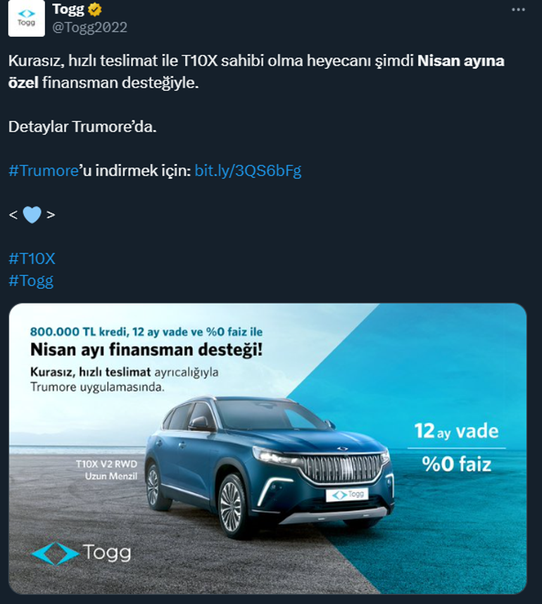 TOGG'dan nisan ayı kampanyası! Yüzde 0 faizli 800 bin TL kredi fırsatı