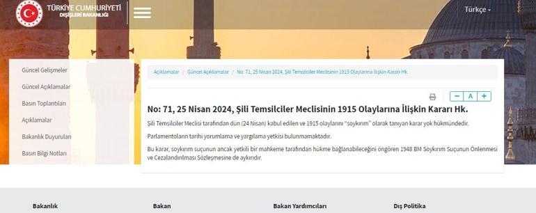 Son dakika... Dışişleri Bakanlığı'ndan Şili'ye 1915 olayları tepkisi