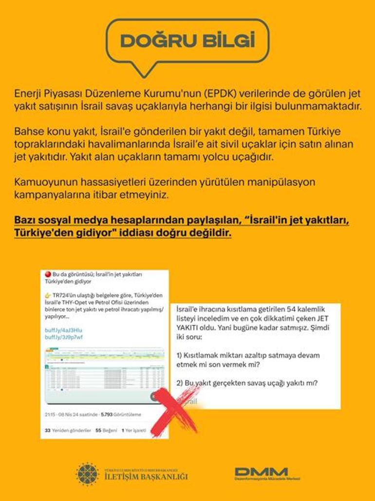 DMM'den 'İsrail'in jet yakıtları, Türkiye'den gidiyor' iddiasına yalanlama