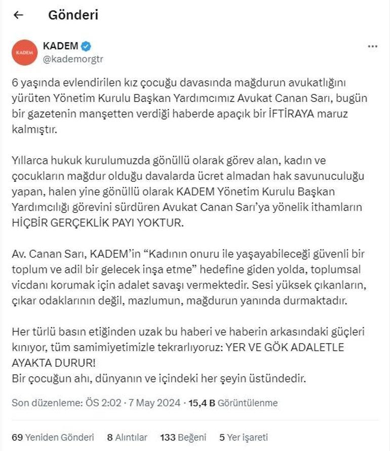 KADEM'den Canan Sarı açıklaması! İftiraya maruz kaldı, gerçeklik payı yoktur