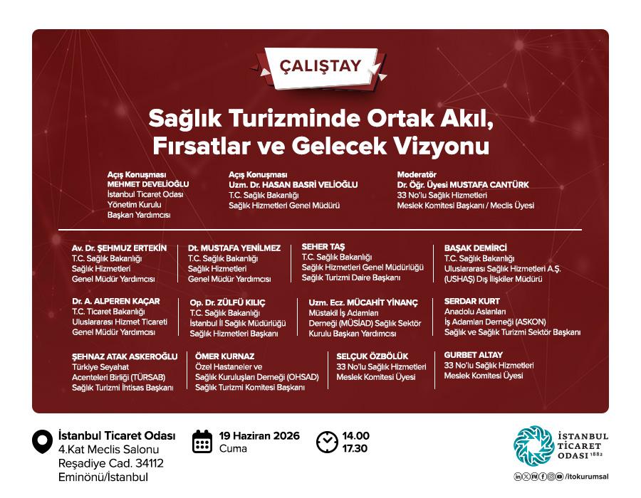 “Sağlık Turizminde Ortak Akıl, Fırsatlar ve Gelecek Vizyonu” Çalıştayı İstanbul Ticaret Odası’nda Düzenleniyor.